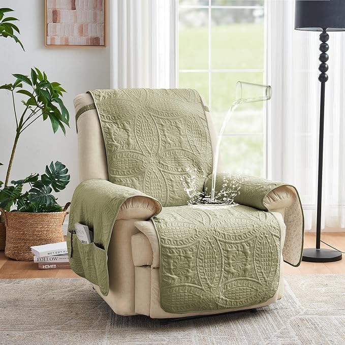 Quilted Recliner Chair Covers, Soft Lazy Boy Chair Covers, Water-Repellent Medium Recliner Covers, Pet Friendly Chair Cover for Dogs, Washable Furniture Sofa Cover (Recliner 26" Sage Green)