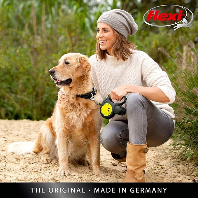 FLEXI® Neon Tape Retractable Dog Leash, Large, 16 ft - Neon Yellow/Black | German engineered, original flexi leash, durable quality for dogs up to 110 lbs, tangle-free, walking, reliable brake system
