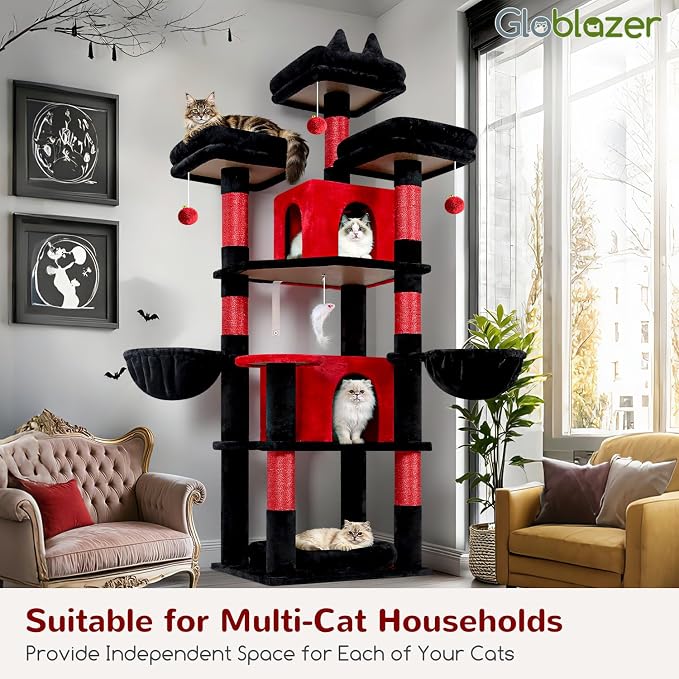 Globlazer Big Gothic Cat Tower for Indoor Cats, 68 inch Cat Tower for Multiple Adult Cats XL Cat Tree with Scratching Post, 3 Perches, 2 Condos, 2 Basket, Removable Pet Bed, F68B, Black Red