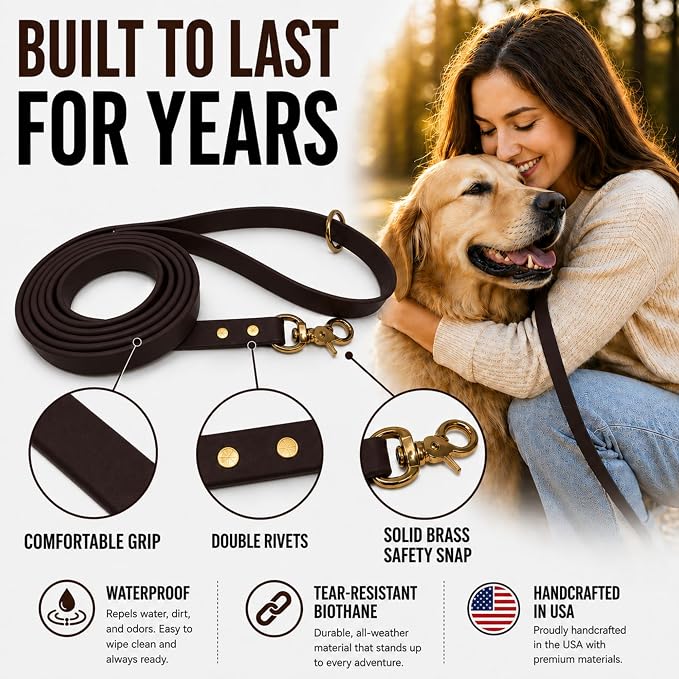 Gummy Dog Leash, Biothane, Dog Training Leash, Waterproof, Weatherproof, 6 Foot Length for Small, Medium & Large Dogs or Puppies, Various Sizes & Colors (3/4 Brown)