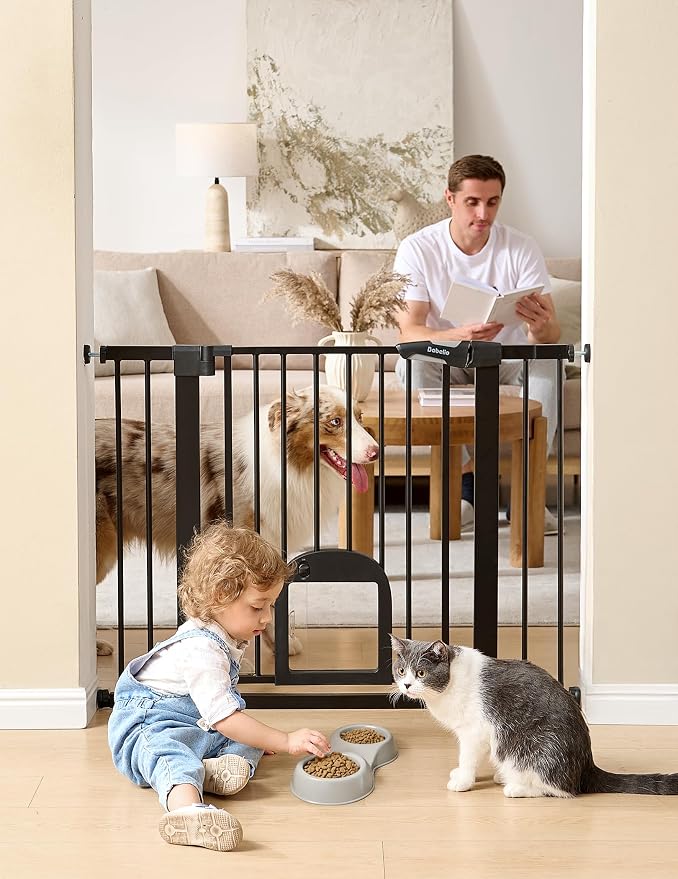 Babelio Baby Gate with Adjustable Cat Door, CatPrivilege III, 29-43" | Auto-Close, Pressure Mounted with No Drilling, Dual Lock Safety Gates For Stairs, Doorways and House, Easy Walk Thru, Black