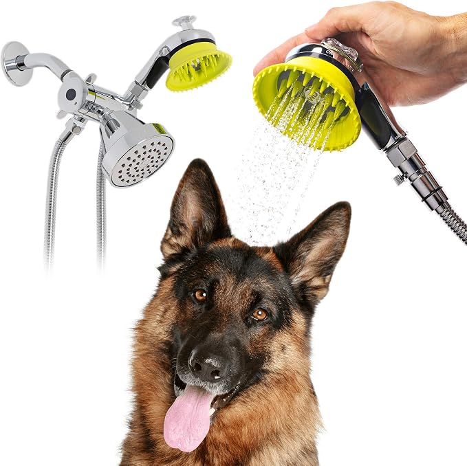 Wondurdog Deluxe Indoor Outdoor Dog Wash Kit for Shower and Garden Hose w/Water Pressure Control, Splash Shield & Rubber Scrubbing Attachment. Fast & Easy Dog Bath. Cleaning for Short & Long Hair Pet