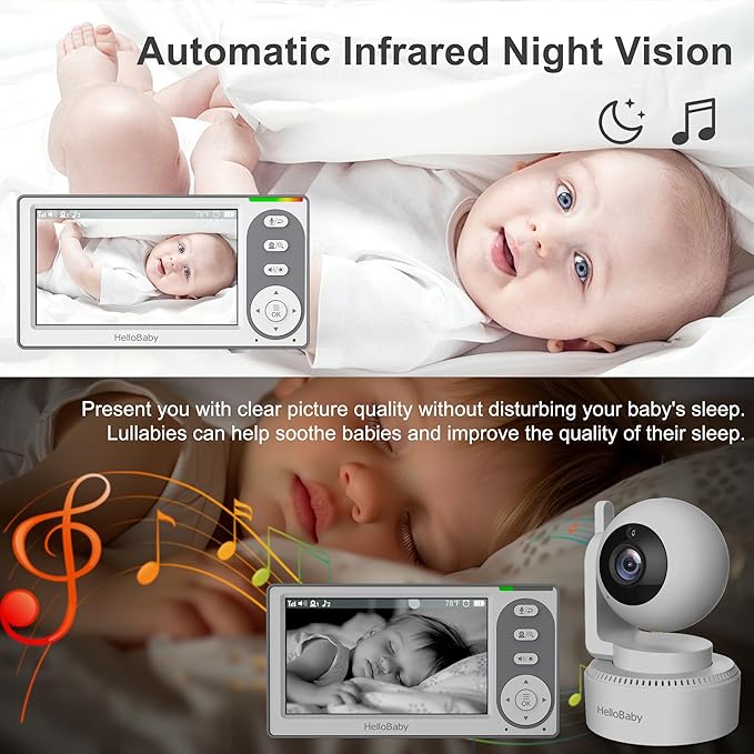 HelloBaby 4.3'' Video Baby Monitor with 30 Hours Battery, Remote Pan-Tilt-Zoom Baby Monitor No WiFi, Baby Monitor with Camera and Audio, Night Vision, ECO Mode, Two-way Talk, 8 Lullabies, 1000ft Range | Remote Pan-Tilt-Zoom, Baby Monitor with Camera an...