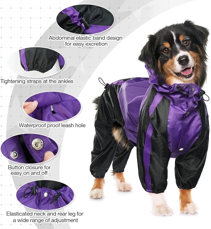 Dog Raincoat, 4 Leg Waterproof Dog Rain Jacket with Hood, Purple S | Rain Coat For Small Dogs, Doggy Poncho With Leash Hole, Snap Buttons, For Rainy Snowy Weather Walks, Hiking, Camping