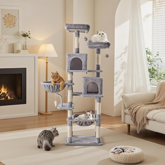 Large 71 Inch Tall Cat Tree Tower for Indoor Cats, Light Grey | Multi-Level Tall Cat Tree Tower with Condo, Perches, Sisal Scratching Posts and Hammock, Pet Play House with Dangling Balls