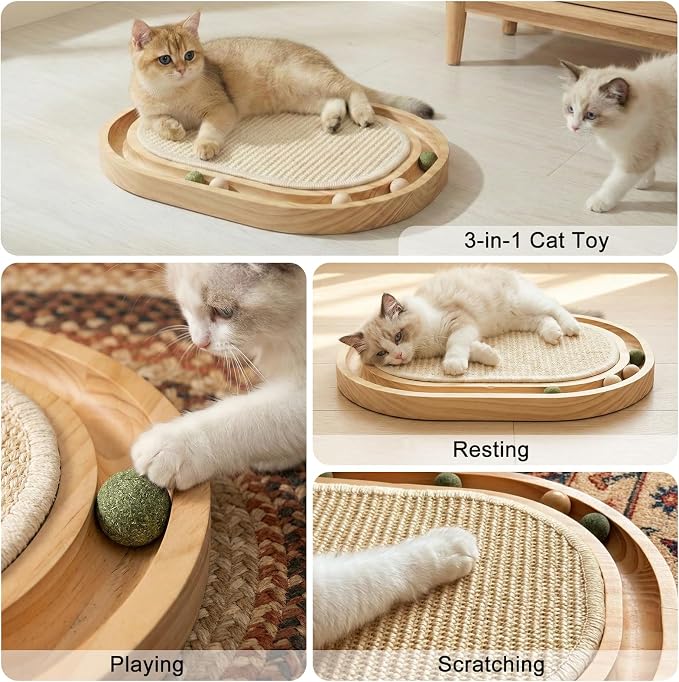 Sisal Cat Scratcher Toy with Ball Track, Natural Scratching Pad | Wooden Cat Toy with Non-Slip Base, For Indoor Cats, Suitable for Kittens and Medium Cats, No Assembly Required