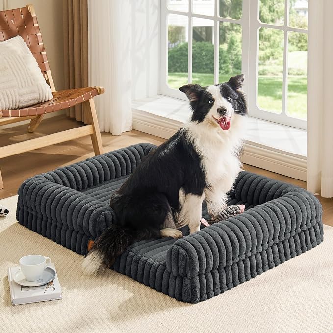 ChiXnuggle Faux Fur Orthopedic Dog Bolster Bed, Waterproof Washable Cover | rectangular dog sofa couch,egg crate foam,non-slip bottom,for extra large dogs,dark grey,41*30*7