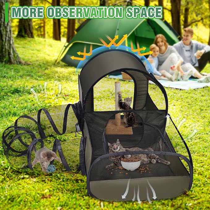 Tailtastic Indoor/Outdoor Cat Playpen with Surround Tunnel 2 Zones Green | escape-proof enclosed enslosure,lightweight foldable for travel, ideal for indoor cats, multi-cat homes & birthing