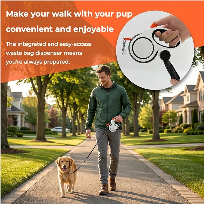16ft Retractable Dog Leash for Medium Dogs up to 66 lbs, with Waste Bag Dispenser, 5m Heavy Duty Nylon Tape, 360° Tangle-Free, One-Handed Brake & Lock, Anti-Slip ABS Handle (16FT-White)