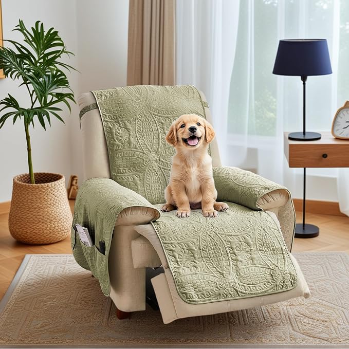 Quilted Recliner Chair Covers, Soft Lazy Boy Chair Covers, Water-Repellent Medium Recliner Covers, Pet Friendly Chair Cover for Dogs, Washable Furniture Sofa Cover (Recliner 26" Sage Green)