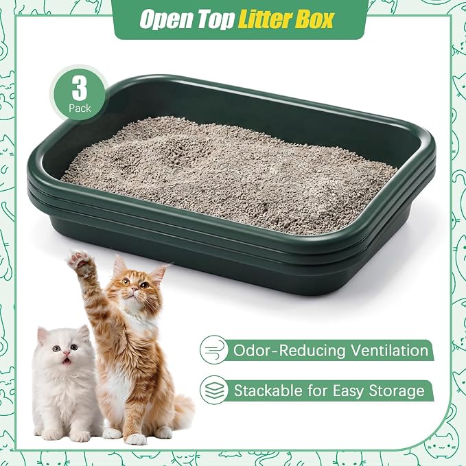 Uiifan 3 Pcs Extra Large Low Entry Cat Litter Box for Senior Kitty Pet Open Top Litter Box for Senior Kitten Handicap Disabled Older Elderly Cats, Easy to Clean(Dark Green,16.9 x 12 x 3.15 Inches)
