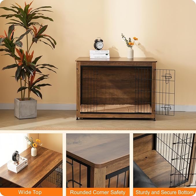 DWANTON Dog Crate Furniture with Cushion, Wooden Kennel Table with Double Doors, Indoor Dog House, Large Size, 38.5" L, Warm Brown