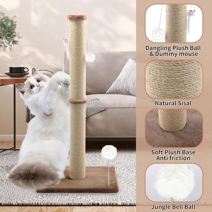 36'' Tall Cat Scratching Post, Large Sisal Scratch Post for Indoor Cats, Sturdy Cat Scratcher Tower, Vertical Cat Scratch Pole, Modern Cat Furniture for Kittens & Adult Cats (Brown)