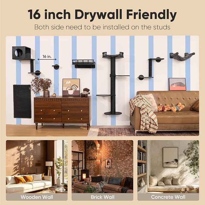FUKUMARU Cat Wall Shelves, 4 in 1 Set, Black | Stable Wooden Wall-Mounted Furniture Set, Climbing Tree with Hammock, Bed, Perch and Scratching Mat