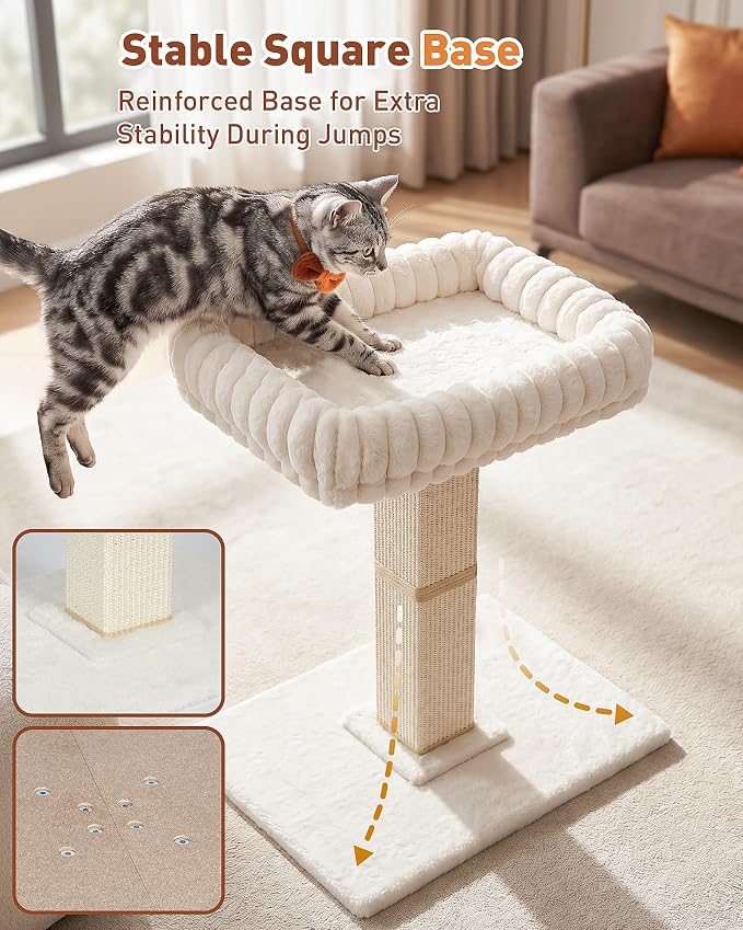 Morden Cat Scratching Post with Top Plush Bed for Indoor Cats | Removable & Washable Perch, Small Morden Cat Tree, Cat Tower with Scratch Post, Natural Sisal, White