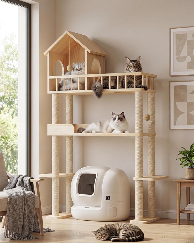 Wood Cat Tower for Automatic Litter Box, 4 Tier Cat Tree, 60 Inch | Multi-Level Solid Wood Cat Tree for Indoor Large Cats, Tall Cats Scratching Post Furniture w/Cats House, Burlywood