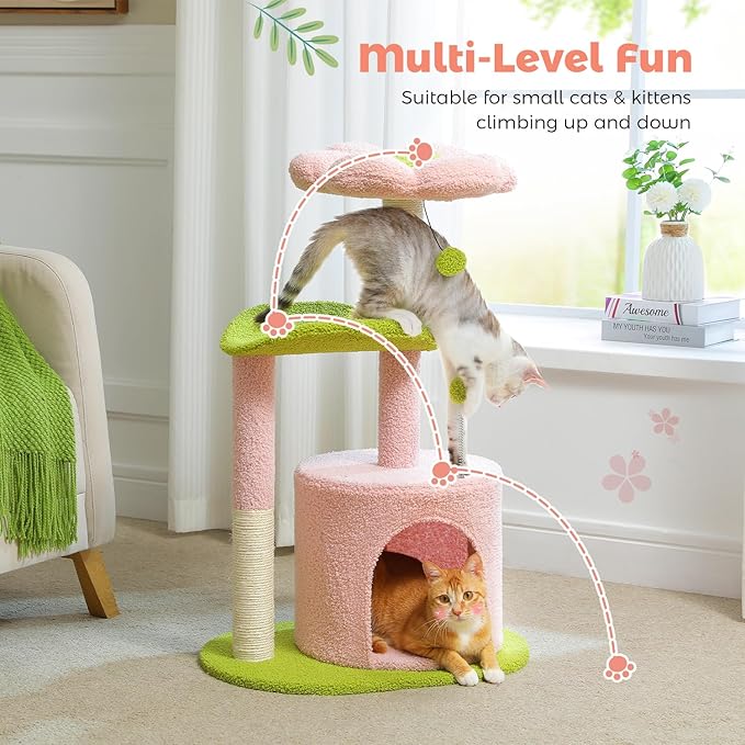 PAWZ Road Flower Cat Tree 32" Small Cat Tower with Curved Perch Bed | Colorful Cat Tower with Cozy Condo, Curved Perch,Toy Balls & Sisal Scratching Post,Small Cat Tower for Small Cats & kittens