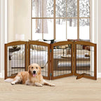 LZRS 4-Panel Freestanding Wooden Dog Gate—Extra Wide 30” Tall Foldable Pet Barrier with Support Feet, Solid Hardwood & Steel Wire Safety Gate for Doorways, Hallways, and Stairs, Cherry
