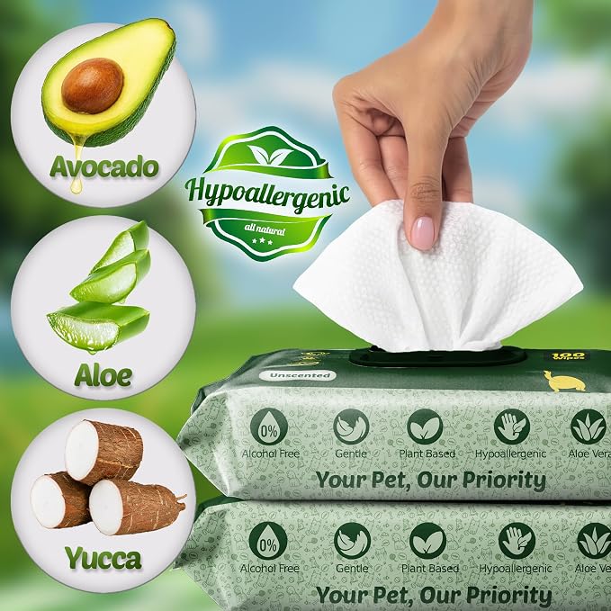 Pet Wipes for Dogs and Cats – 400 Count (8x8in) Hypoallergenic, Deodorizing Dog Wipes for Paws, Ears and Butt | XL with Aloe & Coconut Oil, Unscented | Includes 4 Grooming Glove Wipes