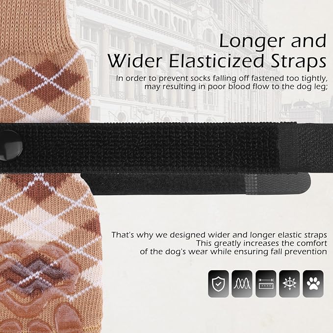 EXPAWLORER Dog Socks to Prevent Licking Paws,Anti Slip Dog Shoes for Hot Pavement,Dog Booties for Hardwood Floors,Dogs Boots & Paw Protectors for Small Medium Large Senior Dogs,British Style,Khaki XL