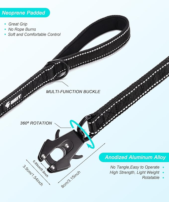 GEIT 4/5/6FT Heavy Duty Dog Leash with 2 Comfortable Padded Handles, Reflective Rope Leashes with Quick Release/Locking Tactical Frog Clip for Small Medium and Large Dogs, Black