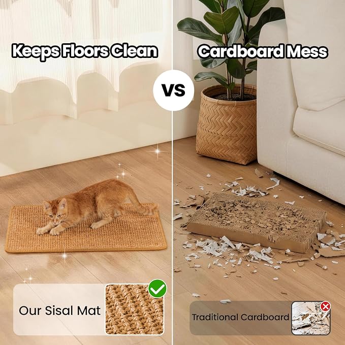 Conlun Cat Scratching Pad, 27.5x35.4in Sisal Mat Couch Protector | Indoor Cat Scratcher Mat, Mess-free, Anti-slip Backing, Hook&Loop Tape for Furniture Door Wall, Brown