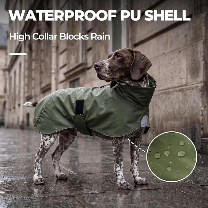 PU Dog Raincoat, Non-Toxic & Odorless Waterproof Vest, Adjustable High Neck and Hook & Loop Belly Closure for Rainy Potty Breaks & Wet Weather Outdoor Walks (Olive Green, XX-Large)