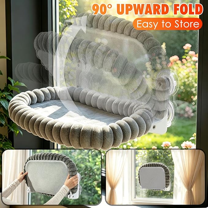 IPOW Cat Window Perch Cordless Foldable Cat Hammock Bed for Window with 4-Sided Bolster, Sturdy Metal Frame & Strong Suction Cups Window Hammock for Large Cats and Kittens