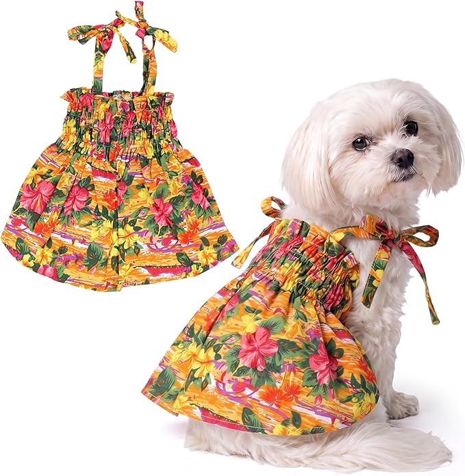Parisian Pet Hawaiian Dog Dress - 100% Cotton Summer Clothes for Small Dogs Girl - Pet Dress with Pull-Up Straps - Floral Beach Dog Outfit - Lightweight Puppy Clothes - Stylish Dresses for Dogs