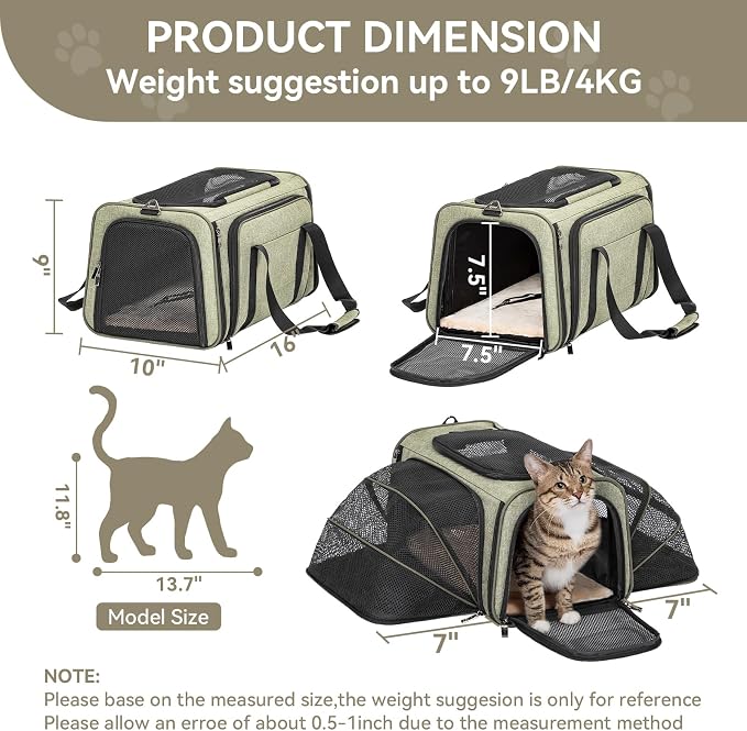 Petsfit Small Double Expandable Cat Carrier for Kittens and Air Travel | 16 x 10 x 9 in; sized for Alaska Airlines, with locking zippers, an interior safety tether and multi-side ventilation.