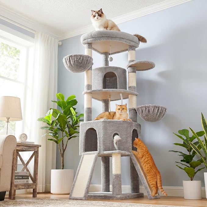 Cat Tree, 73-Inch Sturdy Corner Cat Tower for Large Cat VCT021W | Cat Furniture with Wide Top Perch, 2 Spacious Condos, 2 Cozy Baskets, 2 Scratching Boards & Interactive Toy, Light Gray