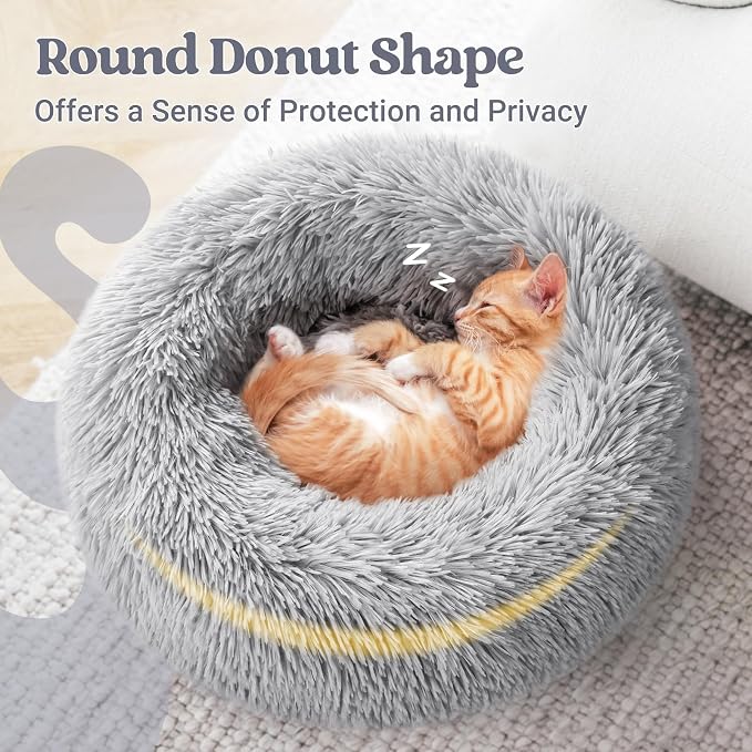 rabbitgoo Calming Cat Beds for Indoor Cats, 20 inches, Light Grey | Soft Warm Donut, Fluffy Faux Fur, Supportive Raised Rim, Anti-slip, Machine Washable, Up to 15lbs Kittens & Small Cats