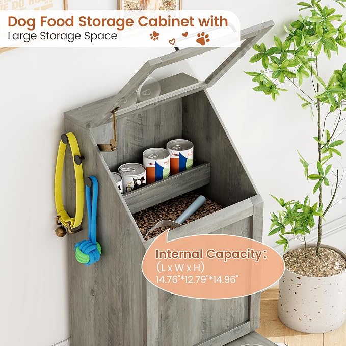 Garvee Dog Feeding Station with 2 Elevated Bowls, Dog Food Storage Cabinet, Flip Top Pet Feeding Station, Food Storage Container, Pet Toy Organizer, Grey