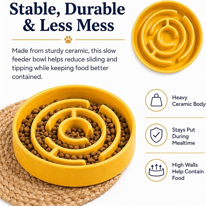 Ceramic Slow Feeder Dog Bowl, 1.5 Cup Puzzle Dish for Small Medium Dogs | Glazed ceramic maze bowl with 1.5-cup capacity for dry or wet food, sized for small and medium dogs