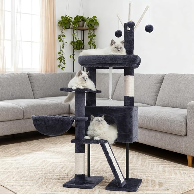 Gitelsnour Cat Tree Tower for Indoor Cats, Top Platform with Toy, GCT006SG | 49.2 inch Cat Condo House, Sturdy Base, Scratching Post & Board, 3 Balls, Hanging Basket, Small Cats and Kittens, Drak Gray