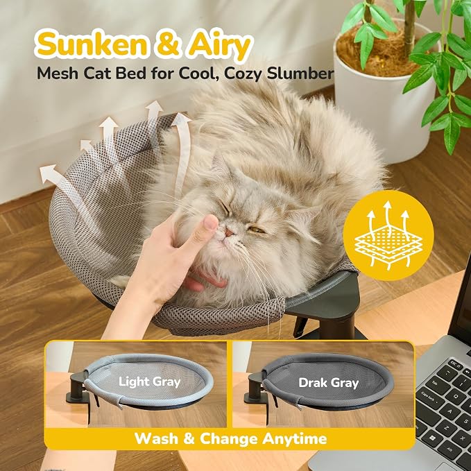 360 Rotating Cat Desk Bed, No-Drill Desk Cat Bed, 40 lb, Fits 2 in Desks | 2 Washable Mesh Pads, Strong Steel Frame for Stability, No-Drill Desk Attachment