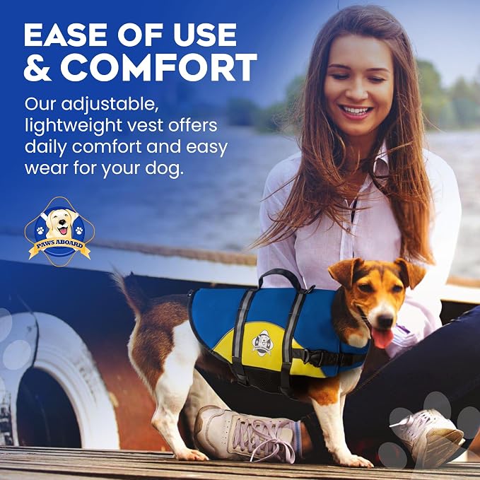 Dog Life Jacket — Premium Swim Vest with SafeChin Anti-Choke Collar | PAWS Aboard Blue & Yellow | RapidLift Rescue Handle, D-Ring, Reflective Trim | Boating, Kayaking, Pool | Small (15–25 lbs)