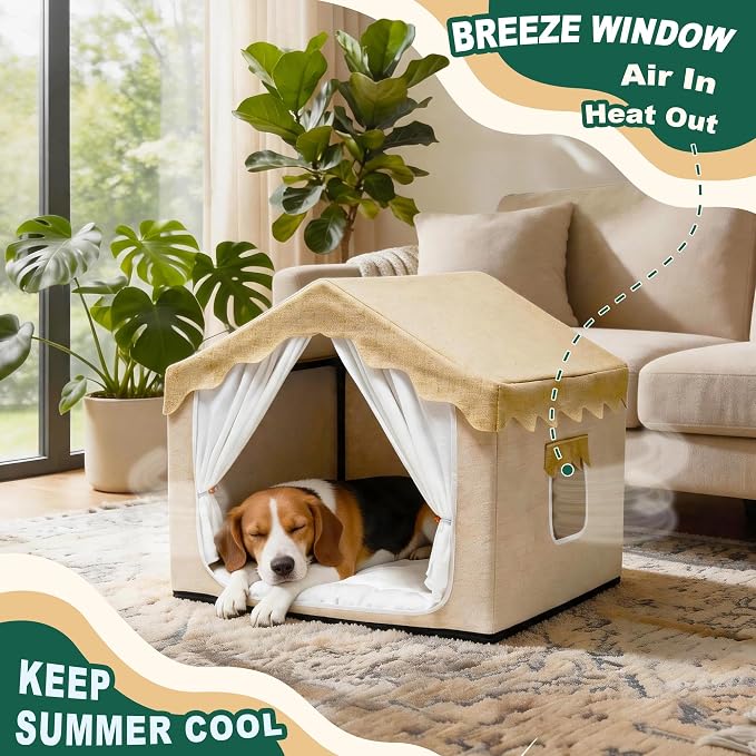 Indoor Dog House, Breeze Pet Tent with Sturdy Frame & Window, Dog Cave Bed with Washable Cover for Small-Medium Dogs (18-40 lb), 25", Cream