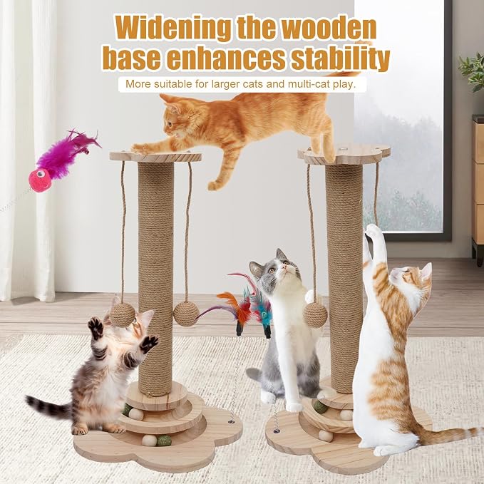 4-in-1 Wider Cat Scratching Post for Large Cats, Cat Tower for Indoor Cats | Wooden Cat Scratcher Toy w/ 2-Level Track, 8 Balls, 2 Sisal Balls & 2 Wand Toys; Stable Indoor Activity Center for All Ages