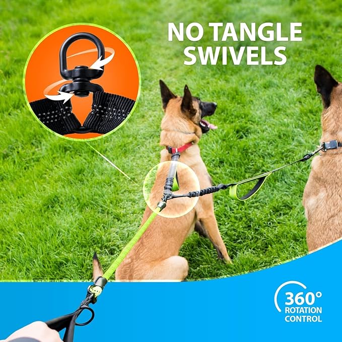 SparklyPets - Double Dog Bungee Rope Leash - Dual Dog Lead for Medium and Large Breeds - Padded Handles, No Tangle - Flow Leash, 2 Dogs Walking Accessory