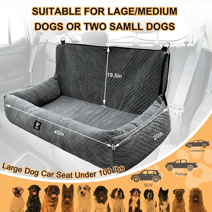 Large Dog Car Seat Under 100LBS,Dog Car Bed with Safety Tethers/Storage Pocket,Only for Back Seat-Gray