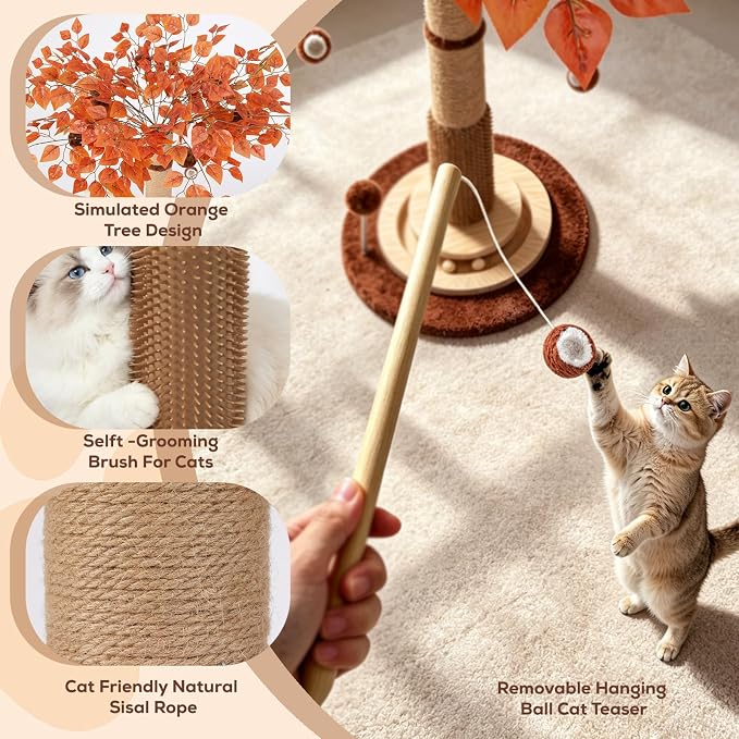 46" Extra Tall Cat Scratching Post with Toy for Large and Adult Indoor Cats | Sisal Cat Scratcher Tree with 3D Leaves for home decor, Hanging Plush Ball, Stable 3-Layer Wooden Base with Ball Track Toys