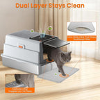 XXXXL Stainless Steel Litter Box with Lid,28.0" L × 20" W × 17" H Extra Large High Sided Cat Litter Box for Multi -Cats,Enclosed Metal Litter Box with Cat Scratcher and Scoop,Grey