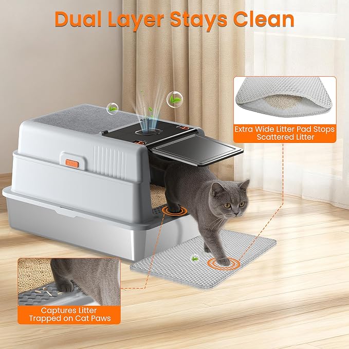 XXXXL Stainless Steel Litter Box with Lid,28.0" L × 20" W × 17" H Extra Large High Sided Cat Litter Box for Multi -Cats,Enclosed Metal Litter Box with Cat Scratcher and Scoop,Grey