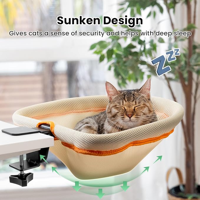JUNSPOW Cat Desk Bed One-Click Folding, Maximum Holds 40lb, Cream Mesh | Sunken Design & Space-Saving Semi-Circular Cat Bed, Mesh Cover Material, Suitable for Various Desktops