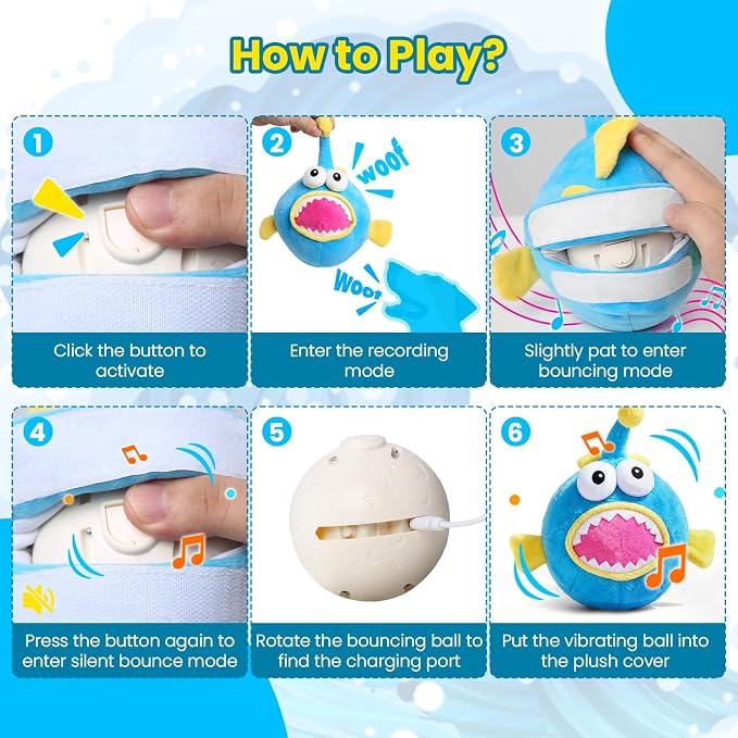 Interactive Moving Dog Toy, Automatic Bouncing Dog Toy with Rouncing Ball, Squeaky Plush Electronic Dog Toy for Small Medium Large Dogs, Vibrating Music Recording Mode to Keep Them Busy (Lanternfish)