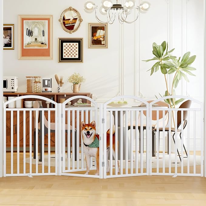 Foldable Pet Fence 96" Wide, 32" Tall,No-Assembly Dog Gate with Door,White | 4 Panels Metal Folding Freestanding Dog Gate Walk Through,Extra Accordion Puppy Folding Playpen for Doorways, Stairs,House