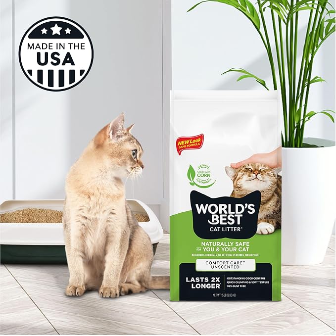World's Best Cat Litter, Comfort Care, Unscented, Odor Control, 15 lb Bag | Gentle odor control for sensitive cats and lasts 2x longer; natural corn litter, quick clumping, flushable, 99% dust free