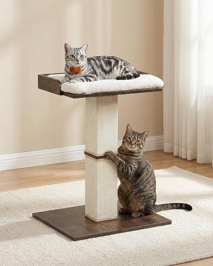 Retro Cat Scratching Post with Top Perch Bed for Indoor Cats | Removable & Washable Cushion, Small Morden Cat Tree, Cat Tower with Scratch Post, Natural Sisal, Retro-Style