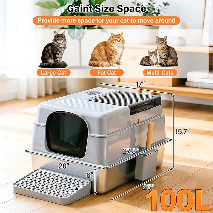 XXXL Stainless Steel Cat Litter Box with Lid,28"×20"×16"Metal Cat LitterBox | High-Sided Jumbo Enclosed Litter Box for Big Cats & Multiple Cats,Ragdoll,Maine Coon,Bengal,Odor-Free/Anti-Leakage/Easy Clean